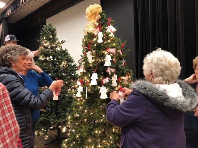 Two women standing in front of a christmas tree.